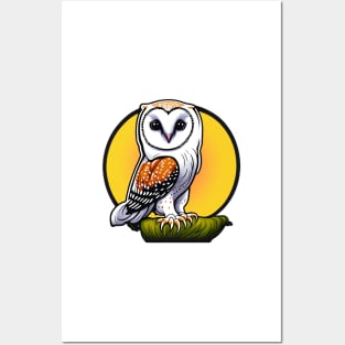 Sticker of wise looking owl stood on branch with a yellow and orange circle background. Posters and Art